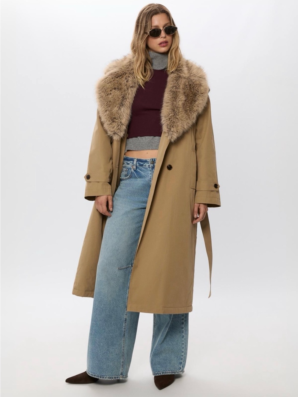 Stradivarius - Viral Detachable Faux Fur Trench Coat Brown